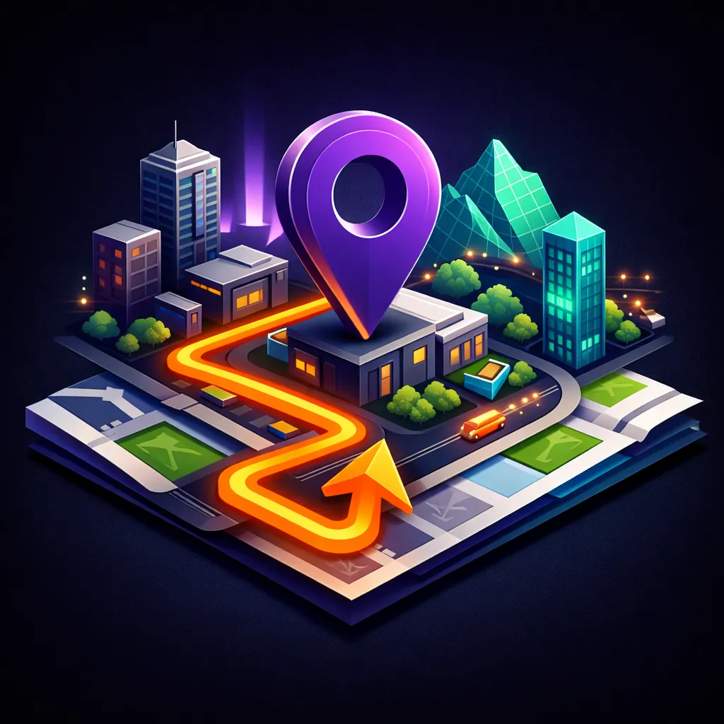 Illustration of a glowing route winding through a 3D map, from city buildings toward mountains